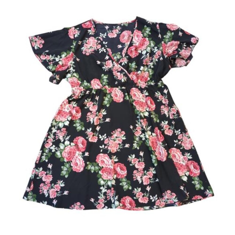 POSESHE Black and Pink Rose Floral Print Flutter Sleeve Dress Women's 3XL